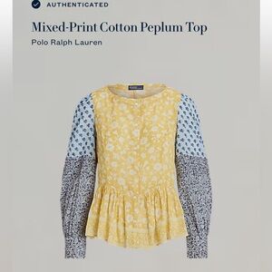 Polo by Ralph Lauren Yellow and Blue Peplum Blouse with Long Bell Sleeves